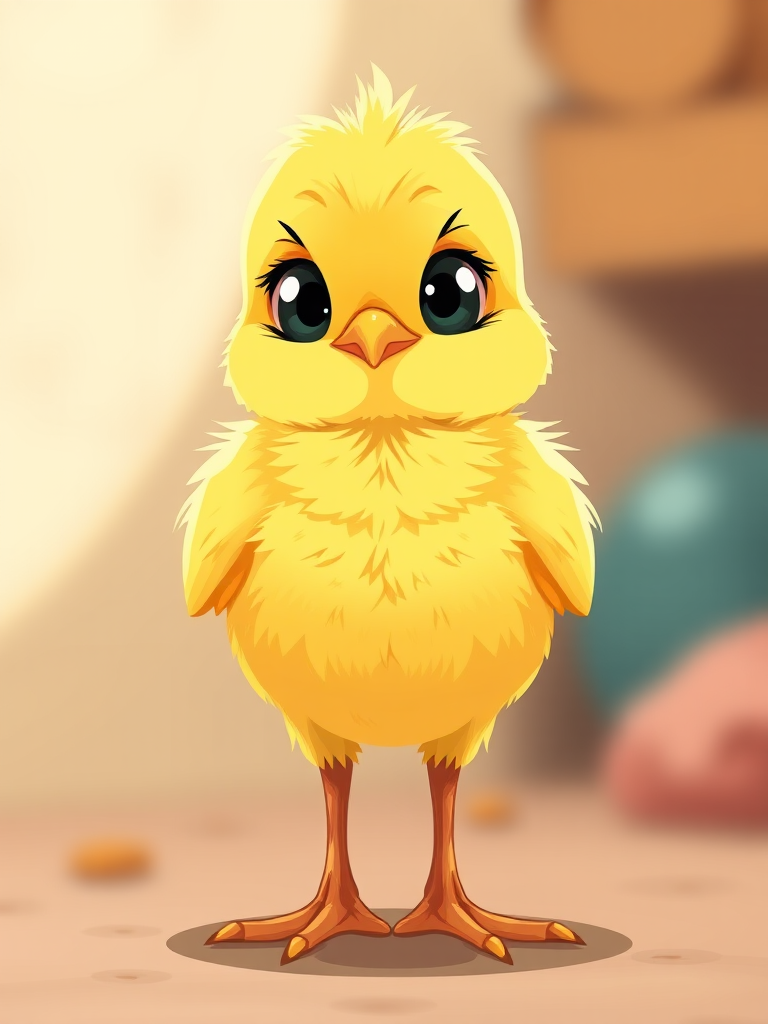Generate a high-resolution cartoon-style illustration of a cute, fluffy yellow chick standing upright, using a DSLR camera with a 50mm lens, aperture set to f/2.8, ISO 100, and a shallow depth of field for a soft background blur.