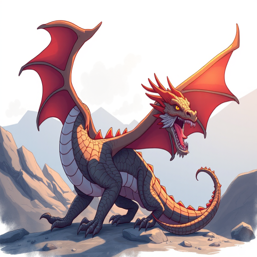Create a high-resolution illustration of a stylized dragon, using a DSLR camera with a 50mm lens, aperture f/2.8, 1/200 sec shutter speed, natural lighting, and a slight overhead angle for dynamic perspective.