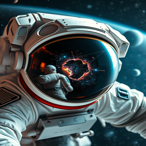 Astronaut floating in space with a galaxy reflected in the helmet, captured with a full-frame DSLR camera, 24mm lens, f/2.8 aperture, ISO 800, 1/200 second shutter speed, wide-angle view, high dynamic range, enhanced color saturation, deep space background with stars and planets.