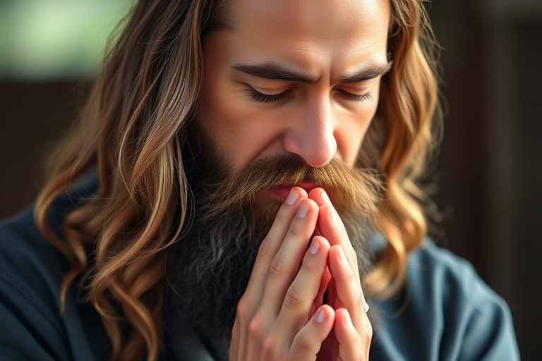 Create a high-resolution portrait of a man with long hair and a beard praying with his hands together, using a DSLR camera with a 50mm lens, f/1.8 aperture, 1/200s shutter speed, natural lighting, and a shallow depth of field to enhance the background blur.