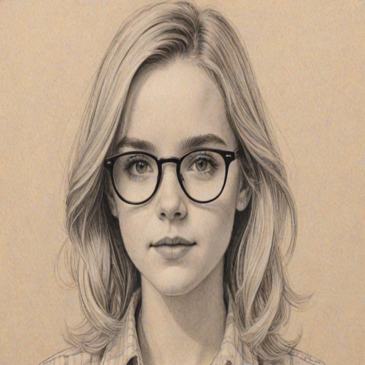 Captivating McKenna Grace, pencil sketch, portrait of Superb woman 1973s in glasses, hair style beatnik, outline, clear lines, fine lines, 8k