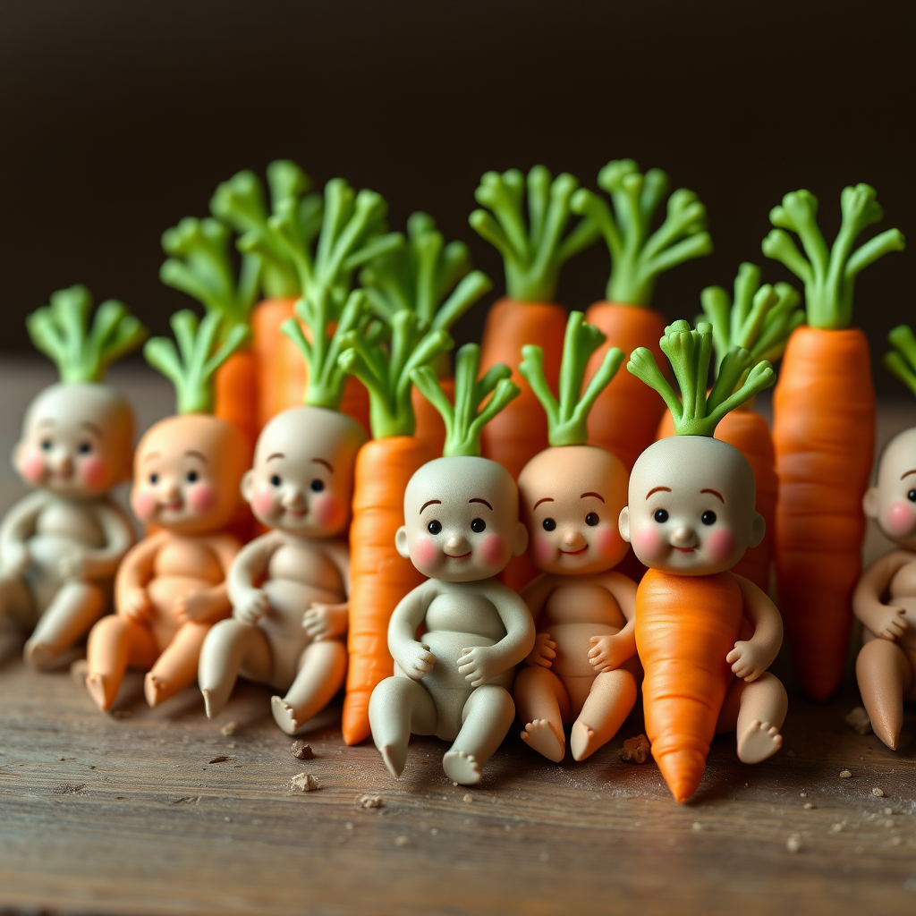 A bunch of carrots in the form of anthropomorphic babies.