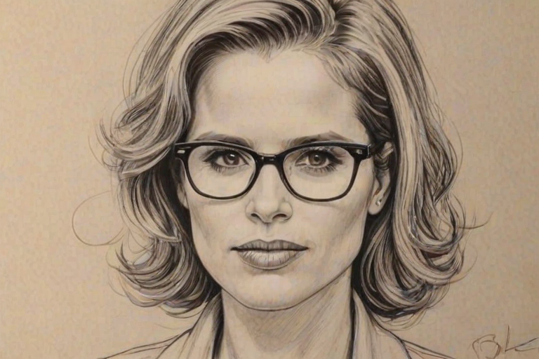 Enticing Kim Dickens, pencil sketch, portrait of Bewitching woman 1951s in glasses, hair style beatnik, outline, clear lines, fine lines, 8k