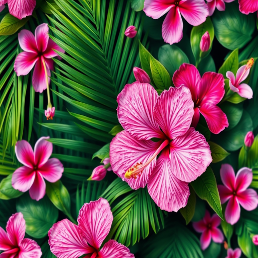 vibrant tropical floral pattern with pink and purple hibiscus flowers and green palm leaves, macro view, 50mm lens, f/8 aperture, ISO 100, natural lighting, high resolution