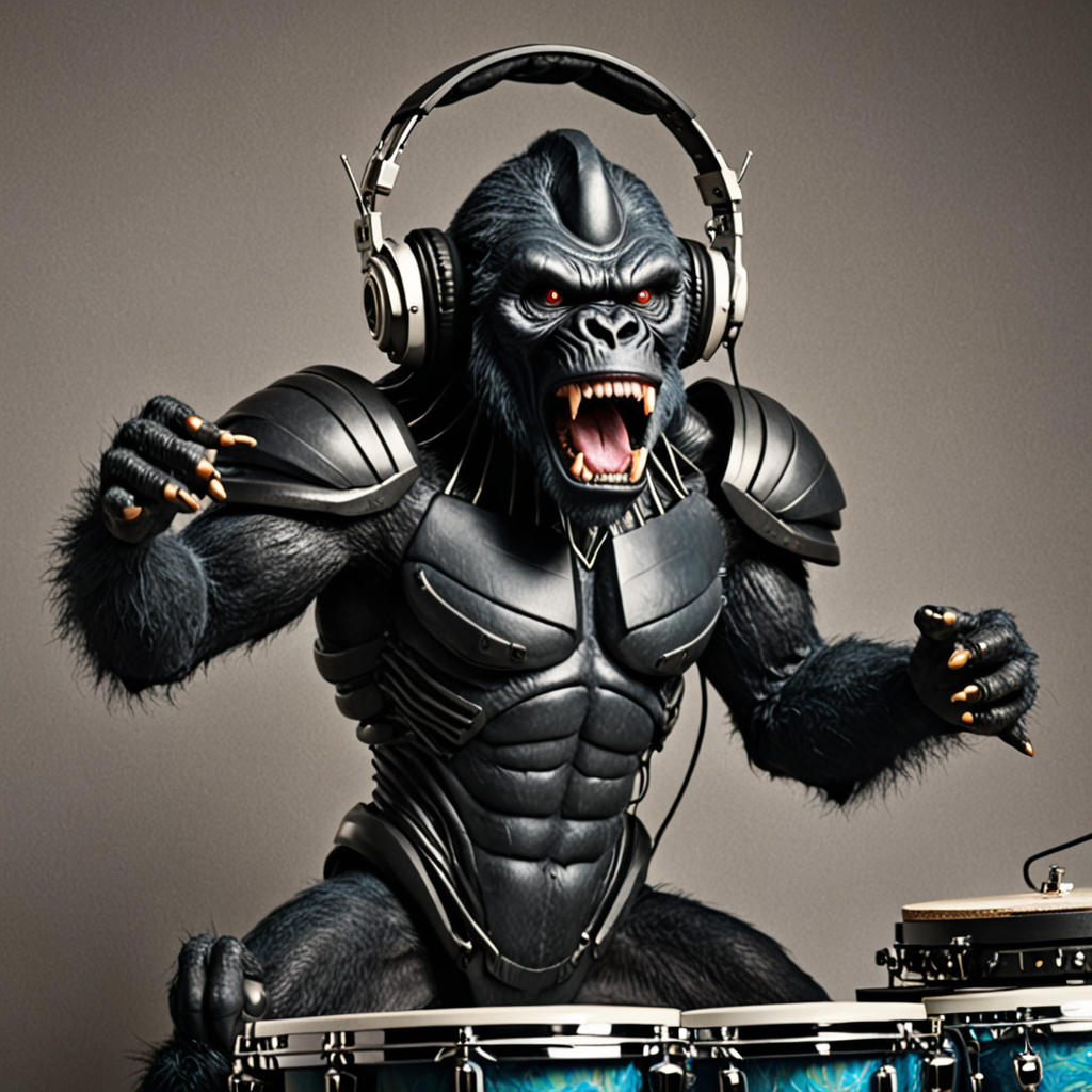 drumming neon colossus cyber gorilla alien with huge fangs x-ray eyes ...