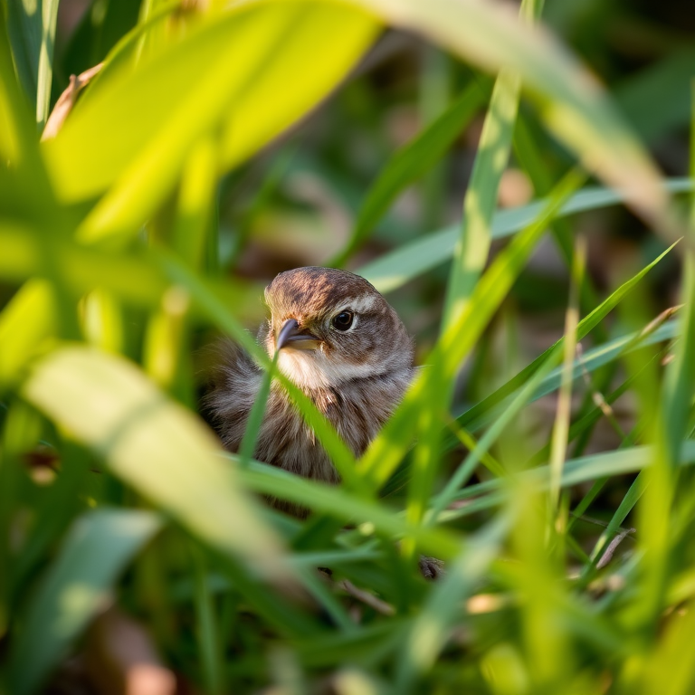 A small brown bird partially hidden in green grass and leaves, captured with a DSLR camera, 200mm lens, f/4 aperture, ISO 400, 1/250 sec shutter speed, shallow depth of field, natural lighting.