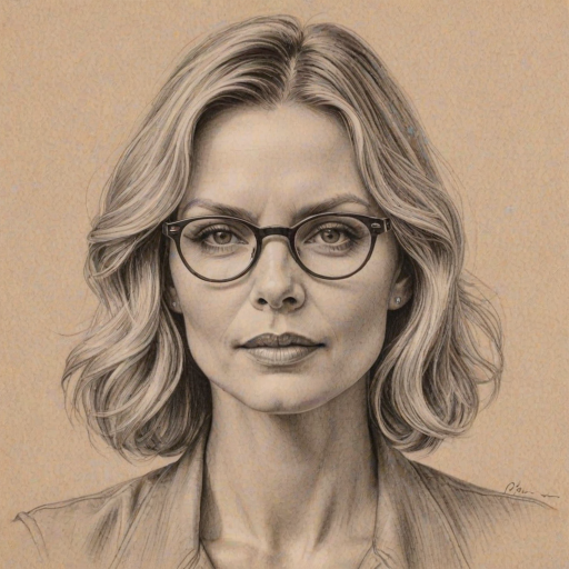 Stunning Michelle Pfeiffer, pencil sketch, portrait of Radiant woman 1933s in glasses, hair style beatnik, outline, clear lines, fine lines, 8k