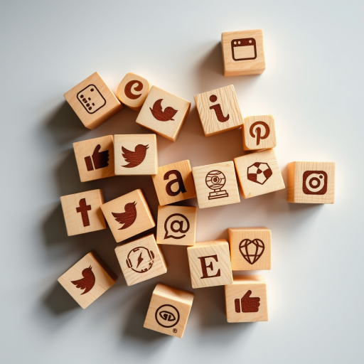 Create an overhead shot of various wooden blocks with engraved social media and technology icons scattered randomly, using a DSLR camera, 50mm lens, f/2.8 aperture, ISO 200, and natural lighting for clarity and detail.