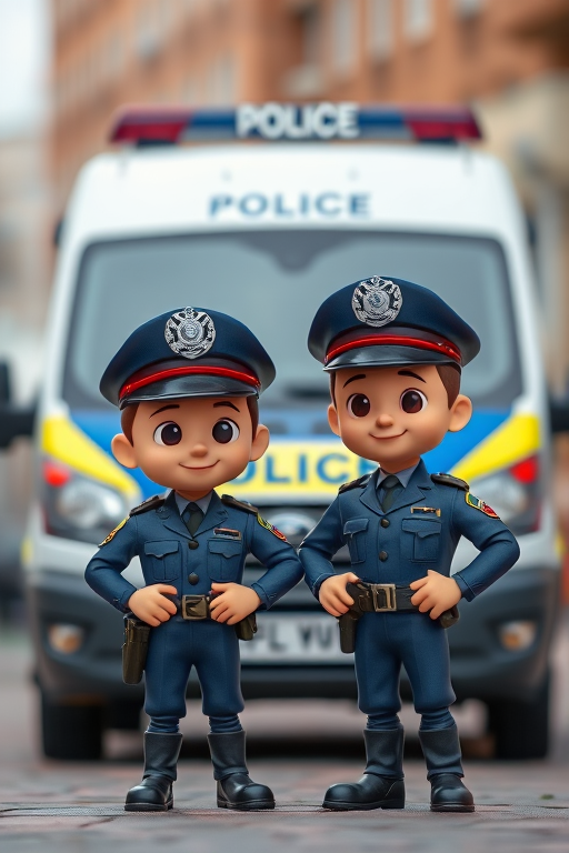 Create a highly detailed image of two cartoon police officers standing in front of a police van, shot with a Canon EOS R5 at 50mm, f/1.8 aperture, ISO 100, using a shallow depth of field for a blurred background to enhance focus on the characters.
