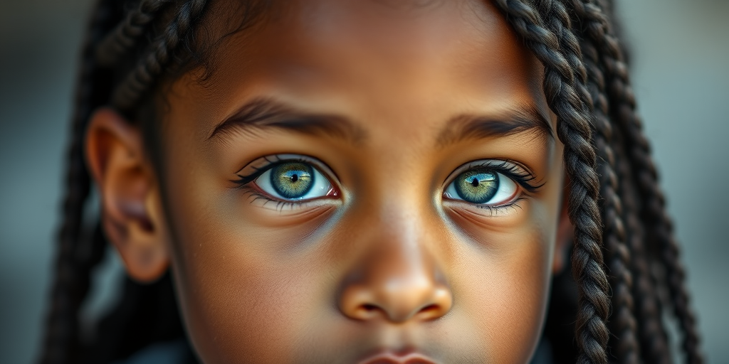 portrait of a young person with intricate braided hair and striking green eyes, shallow depth of field, 85mm lens, f/1.8 aperture, ISO 100, natural light, close-up view, DSLR camera
