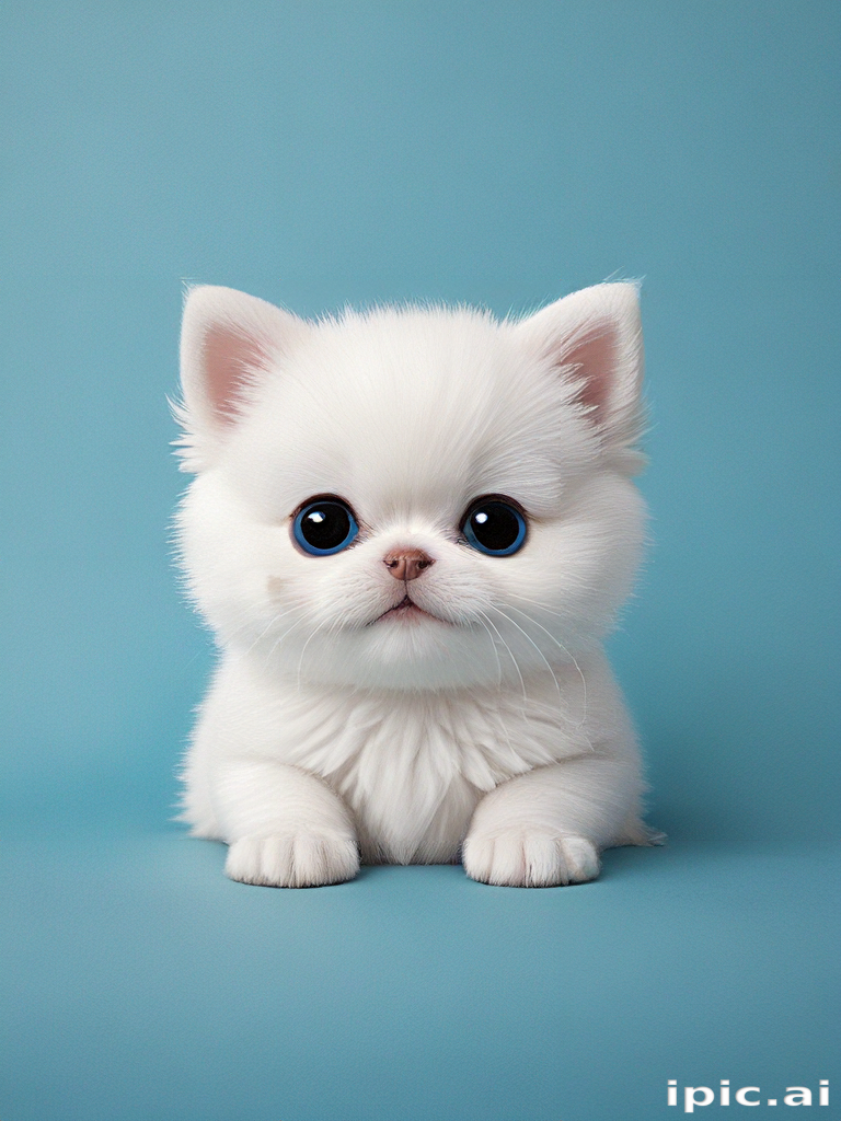 Adorable Fluffy White Kitten with Big Eyes Against a Blue Background