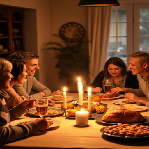 Warmly lit image of a family gathered around a table, sharing a Thanksgiving meal, soft glow from candles casting warm light on their faces, laughter and conversation filling the room, the smell of roasted turkey and freshly baked pie lingering in the air.