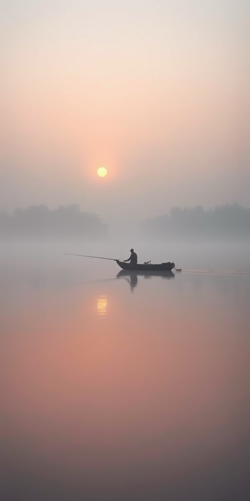 Softly focused photo of a lone fisherman in a small boat on a mist-covered lake at dawn, soft light from the rising sun reflecting on the calm water, with distant trees barely visible through the fog.
