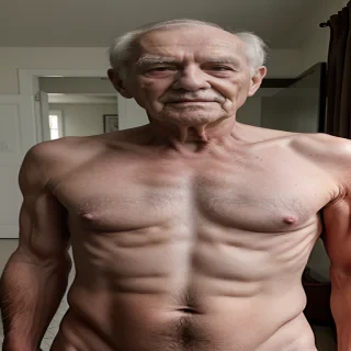 shirtless old man