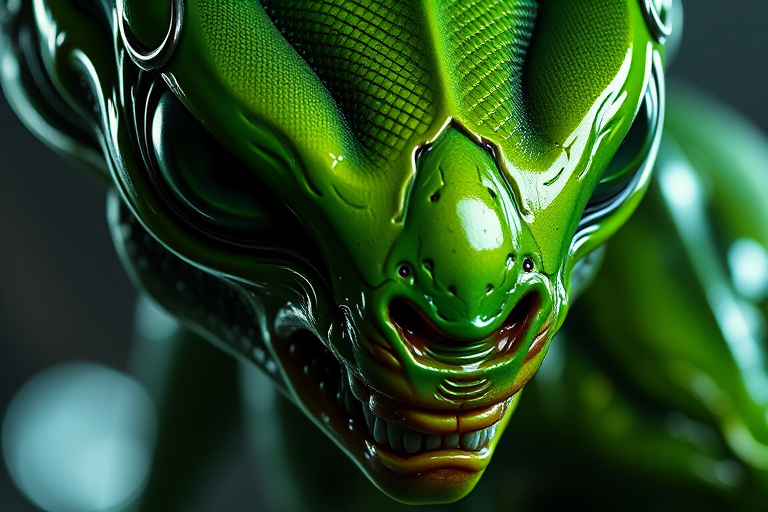 Create a highly detailed, hyper-realistic close-up of an alien creature with a green metallic sheen, focused on intricate textures and features, using a Canon EOS R5 with an 85mm f/1.2 lens, ISO 100, aperture f/1.2, shutter speed 1/200 sec, soft bokeh background with dramatic lighting.