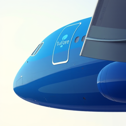 Create a detailed vector illustration of a blue airplane side view, using a DSLR camera with a focal length of 50mm, aperture set to f/8, ISO 100, in natural daylight, with high-resolution settings for clarity and vibrancy.