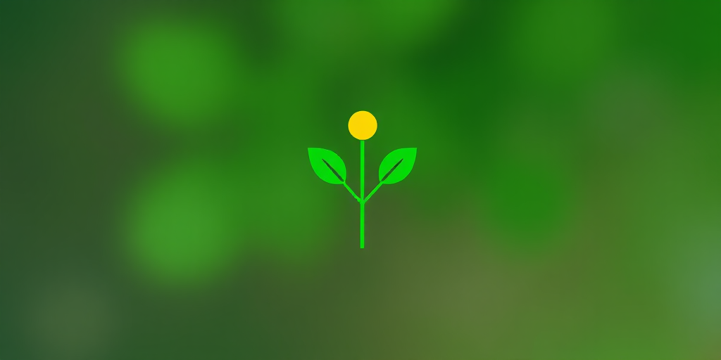 Create a minimalist logo design of a stylized green plant with yellow dots, using a Canon EOS R5 camera with a 50mm lens, f/1.8 aperture, ISO 100, shot from a top-down view with a soft focus style for enhanced clarity and color vibrancy.