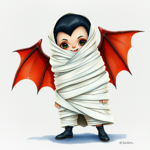 hyperrealism watercolor illustration. cute Dracula with white wrap wrapped like an upright walking mummy.