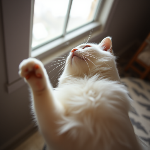 A fluffy white cat reaching up towards a window with soft natural light, taken with a DSLR camera, 50mm lens, aperture f/1.8, ISO 200, shallow depth of field, top-down view for an intimate perspective.