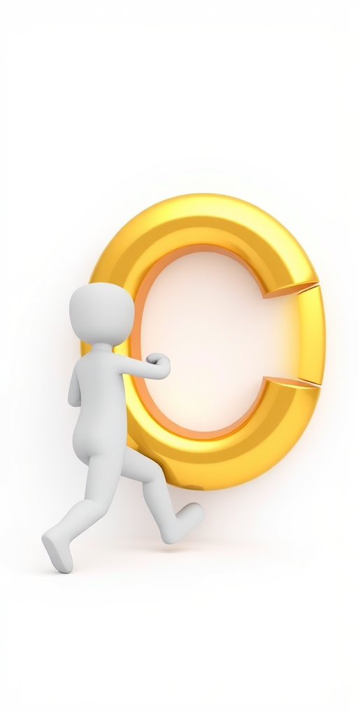 Create a 3D rendering of a white stick figure pushing a large shiny gold letter C, set against a plain white backdrop, using a Canon EOS R5, 50mm f/1.2 lens, aperture set to f/2.8, ISO 100, and a soft box light setup for even illumination.