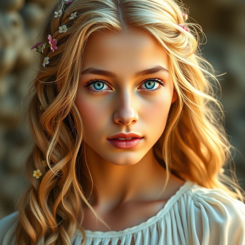 Create an image of a young Pacific Islander woman with long, wavy blonde hair, adorned with small, colorful flowers woven into her braids and loose strands. Her complexion is fair, with soft, glowing skin, and she has light blue eyes that gaze softly at the viewer. She wears a light, flowing dress with a gentle, ethereal quality, complementing her delicate and serene appearance. The background is slightly blurred, drawing focus to her tranquil expression and the intricate details of the flowers in her hair. The overall mood of the image is one of natural beauty and grace, evoking a sense of peacefulness and connection with nature.
