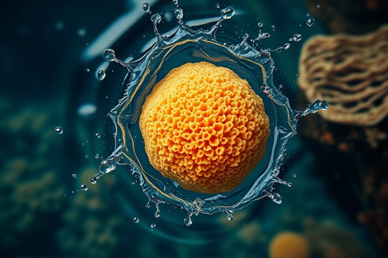 A floating sponge splashing in water, high detail, vibrant colors, 50mm lens, f/2.8 aperture, ISO 100, top-down view, digital art style, high resolution.