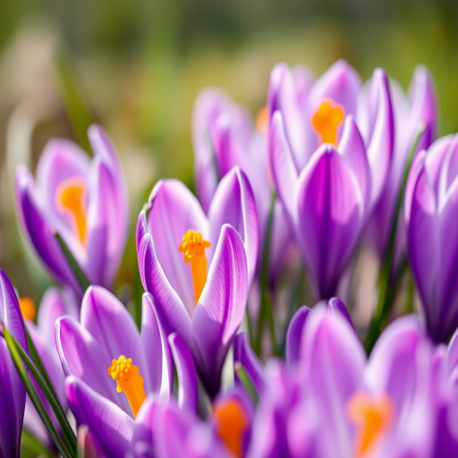 Close-up shot of vibrant purple crocus flowers with soft watercolor effect, aperture f/2.8, ISO 100, shutter speed 1/125, natural light, DSLR camera, macro lens, shallow depth of field for enhanced detail and background blur.