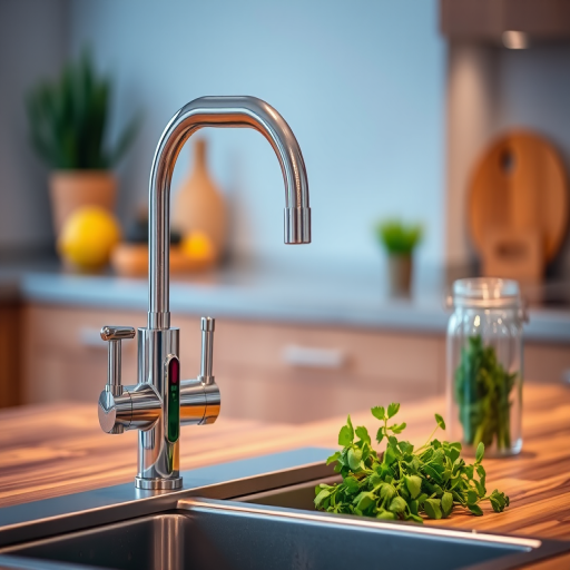 A modern kitchen faucet on a wooden countertop with fresh herbs and a glass jar beside it, soft lighting, slight depth of field, captured with a DSLR camera at f/2.8, ISO 200, 50mm lens, with a vibrant color palette to enhance image quality.