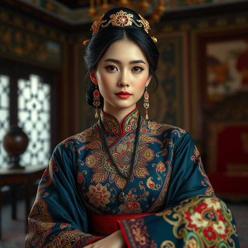 A beautiful Turkmen woman in traditional East Asian attire, intricately detailed with embroidered patterns, sitting gracefully in a richly decorated room, soft ambient lighting, serene and elegant, ultra-realistic, 8K resolution