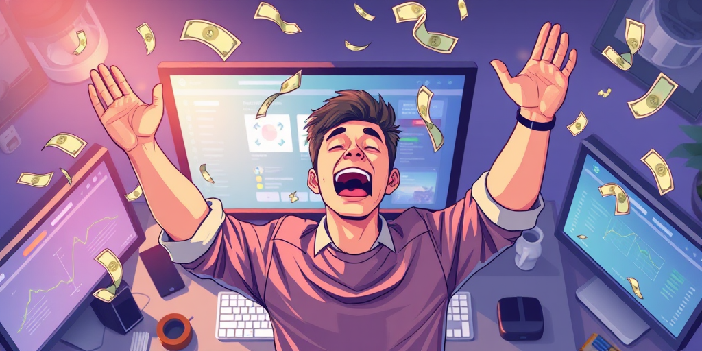 Create a detailed digital illustration of a person celebrating in front of a computer screen, with money flying around, using a top-down view, high-resolution 4K, soft lighting, and a clean modern style, with a focus on vibrant colors and clear lines.