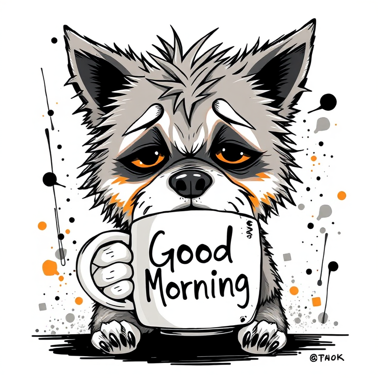 A quirky, artistic illustration of a disheveled shikoku dog breed with exaggerated, large eyes and spiky fur, holding a coffee mug that reads "Good Morning". The dog has a tired but humorous expression, with ink splatters and abstract details surrounding it, giving a whimsical feel to the image. The color palette is mostly monochrome with hints of orange in the eyes and steam rising from the mug, enhancing the overall sleepy vibe