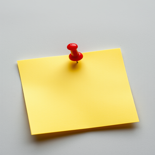 Create a high-resolution image of a blank yellow sticky note with a red pushpin on top, using a DSLR camera set to f/2.8 aperture, ISO 100, 50mm lens, top-down view, soft natural lighting to enhance colors and texture.