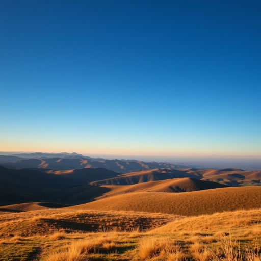 Create a high-resolution image of a serene landscape with rolling hills and a clear blue sky, taken with a Canon EOS 5D Mark IV, 24mm lens, aperture f/8, ISO 100, shutter speed 1/200s, in daylight with a slight golden hour effect.