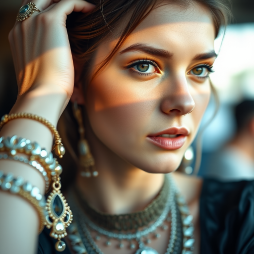 Create a hyper-realistic portrait of a young woman with intricate jewelry, soft natural lighting, shallow depth of field, 50mm lens, f/1.8 aperture, ISO 200, captured with a DSLR camera.