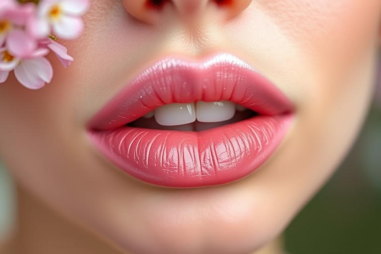 Romantic "Blossom Breeze" lip design incorporates a delicate pink base with a sheer, iridescent overlay, mimicking the soft petals of cherry blossoms and adding a touch of springtime whimsy