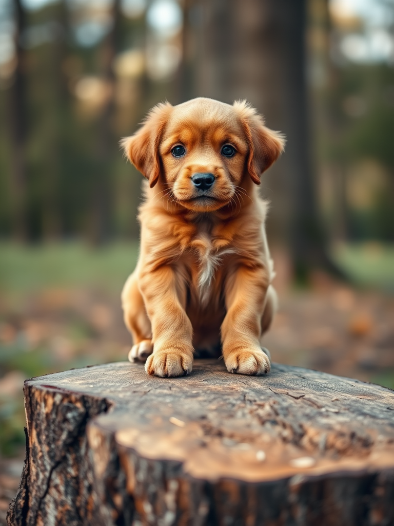 Capture a cute brown puppy sitting on a tree stump in a soft-focus outdoor setting, using a shallow depth of field with an aperture of f/2.8, ISO 200, a shutter speed of 1/200s, shot with a DSLR camera at eye level to enhance the subject's features and texture in natural light.