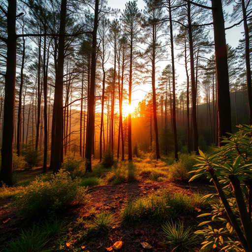 Generate an image of a serene forest landscape during golden hour with a wide-angle view, using a DSLR camera set to f/8 aperture, ISO 200, and a shutter speed of 1/125 seconds for enhanced clarity and depth.