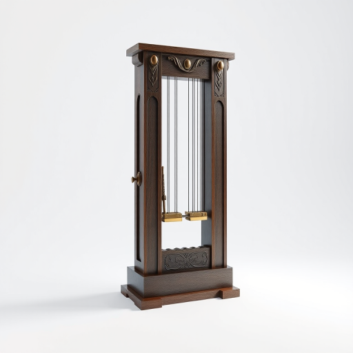 Generate a high-resolution 3D render of a guillotine on a clean white background, using a Canon EOS R5 camera with a 50mm lens at f/2.8, ISO 100, 1/200s shutter speed, in a dramatic lighting setup to enhance details and textures.