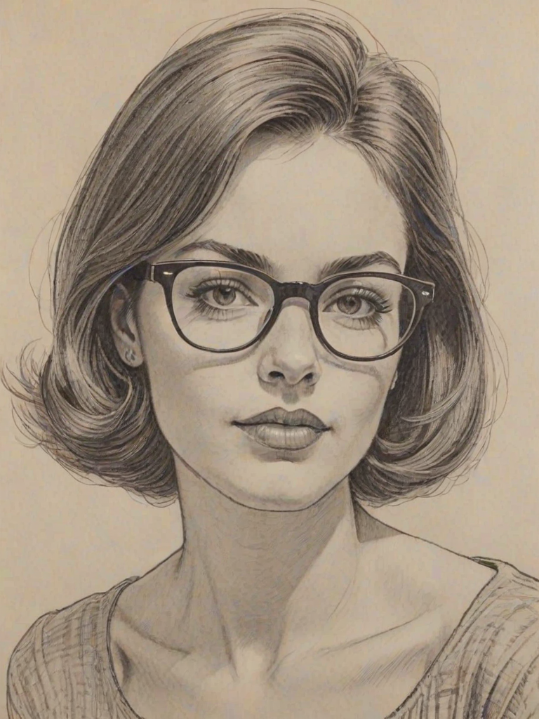 Exquisite Barrett Doss, pencil sketch, portrait of Enchanting woman 1964s in glasses, hair style beatnik, outline, clear lines, fine lines, 8k