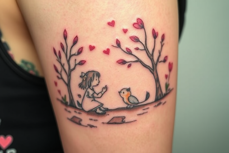 Illustrative storybook tattoo, "Fairytale Canvas," depicting a whimsical scene from a beloved story or fable using a combination of fine lines and soft color washes, creating a dreamy, nostalgic atmosphere reminiscent of classic children's book illustrations