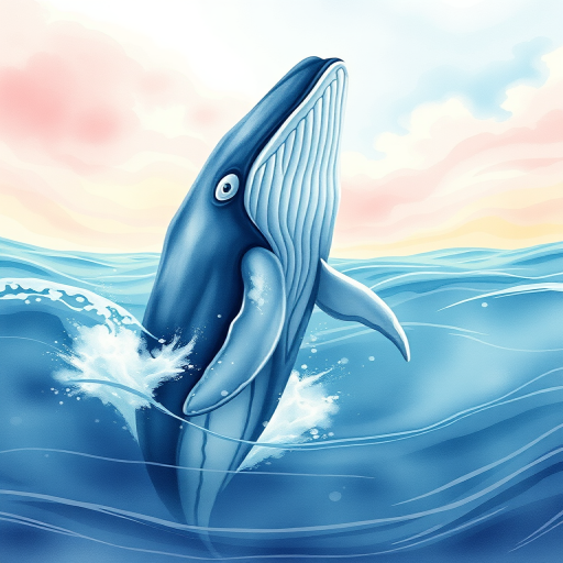 Create a watercolor illustration of a majestic whale swimming gracefully in a dreamy ocean scene, with swirling waves and soft pastel colors in the background, captured with a Canon EOS R5 at f/8, ISO 100, 1/125s for optimal detail and clarity, in a wide-angle view to emphasize the grandeur of the whale against the horizon and a high-key lighting style for a serene atmosphere.