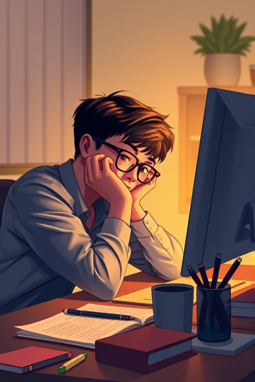 A digital illustration of a young man with glasses sitting at a desk, resting with his head on his hands, illuminated by a computer screen, surrounded by books and stationery, warm ambient lighting, Canon EOS R5, 50mm f/1.8 lens, ISO 200, f/2.8, soft focus background.