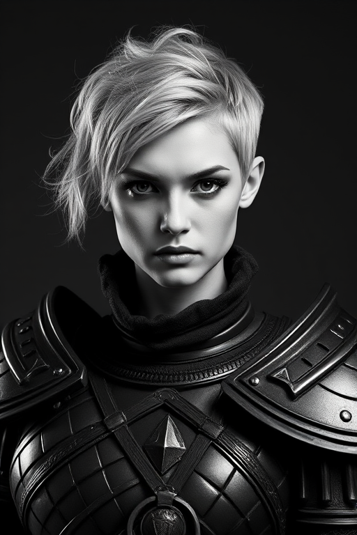 Create a high-contrast black and white portrait of a confident female warrior with short, tousled hair and a stoic expression, wearing intricate armor, shot with a Canon EOS R5 at f/2.8, 50mm lens, ISO 100, in studio lighting for sharp detail and dramatic shadows.