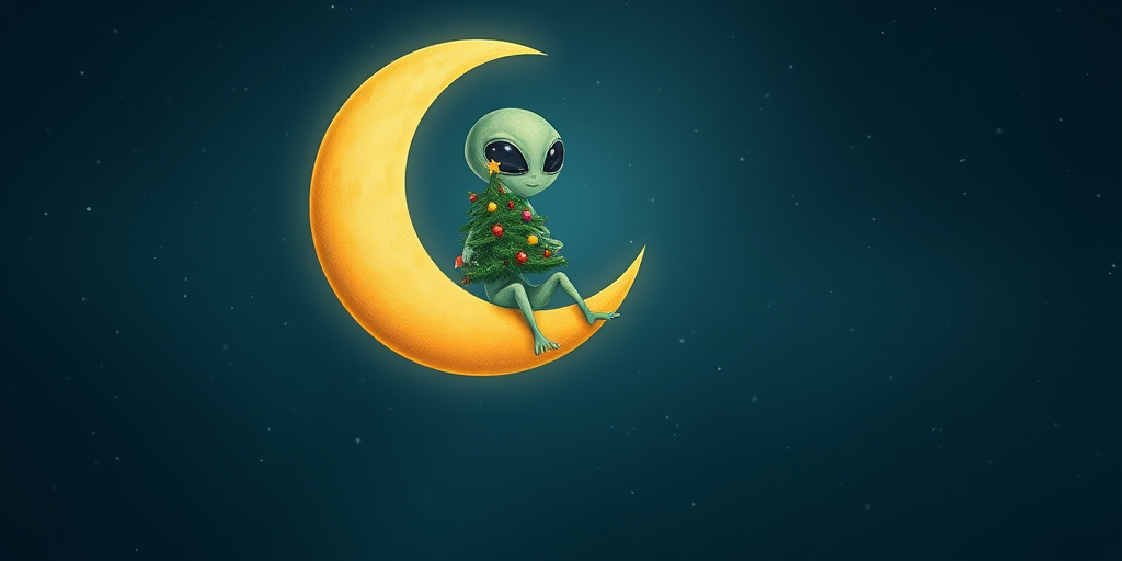 Create a whimsical illustration of an alien sitting on a crescent moon, holding a decorated Christmas tree, set against a dark starry sky, shot with a DSLR camera at f/4.0 for a shallow depth of field, 35mm lens, ISO 100, and a soft focus style to enhance the dreamy quality.