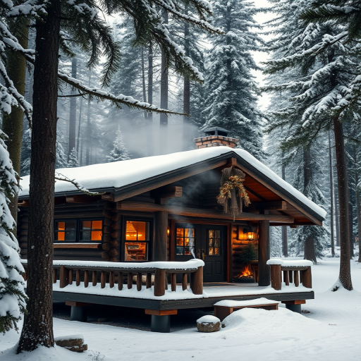 Cozy winter cabin nestled in a snowy forest, smoke drifting lazily from the chimney, surrounded by tall pine trees dusted with snowflakes.