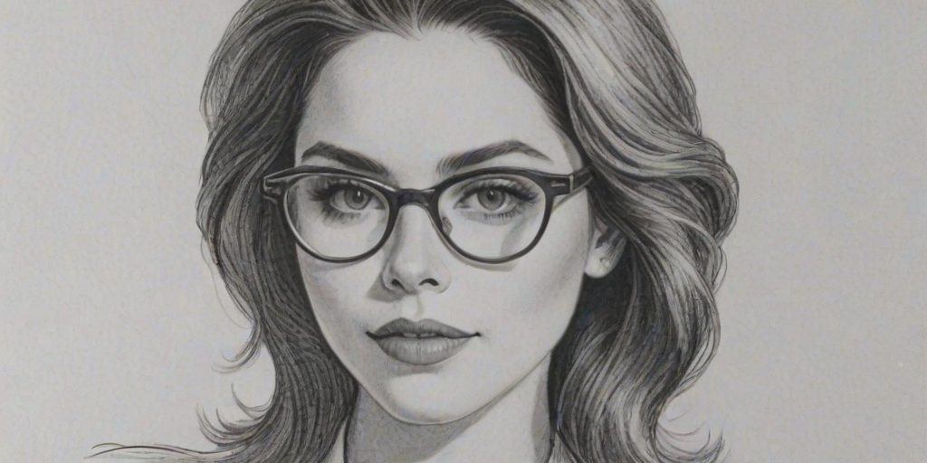 Alluring Grace Phipps, pencil sketch, portrait of Elegant woman 1974s in glasses, hair style beatnik, outline, clear lines, fine lines, 8k