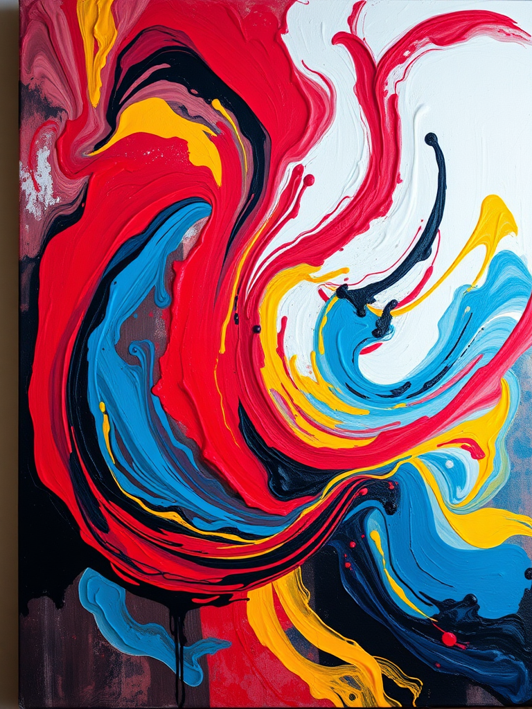 Create an abstract painting featuring vibrant swirling colors of red, blue, yellow, and black on a large canvas with a high dynamic range, using a DSLR camera at f/8, ISO 100, with a 50mm lens shot from a straight-on angle to capture detail and depth.