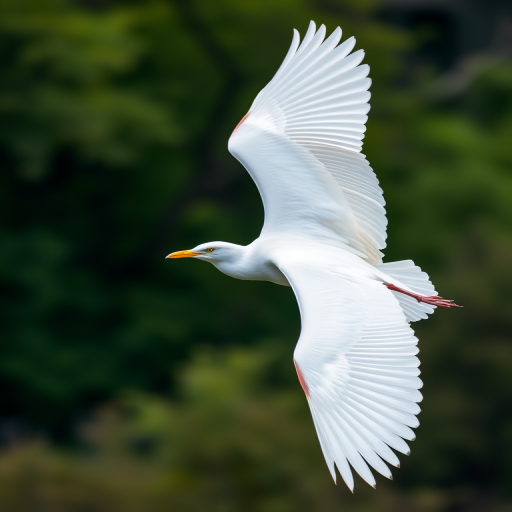 a majestic white bird in mid-flight against a blurred natural background, captured using a Canon EOS R5, 200mm lens, aperture f/2.8, shutter speed 1/2000s, ISO 400, natural lighting, dynamic angle with a focus on the bird's wingspan
