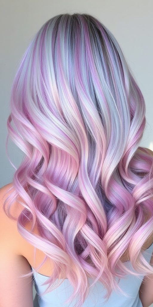 Iridescent opal-inspired hair featuring a blend of pastel hues that shift in the light, styled in mermaid waves for an ethereal "Mystic Prism" effect