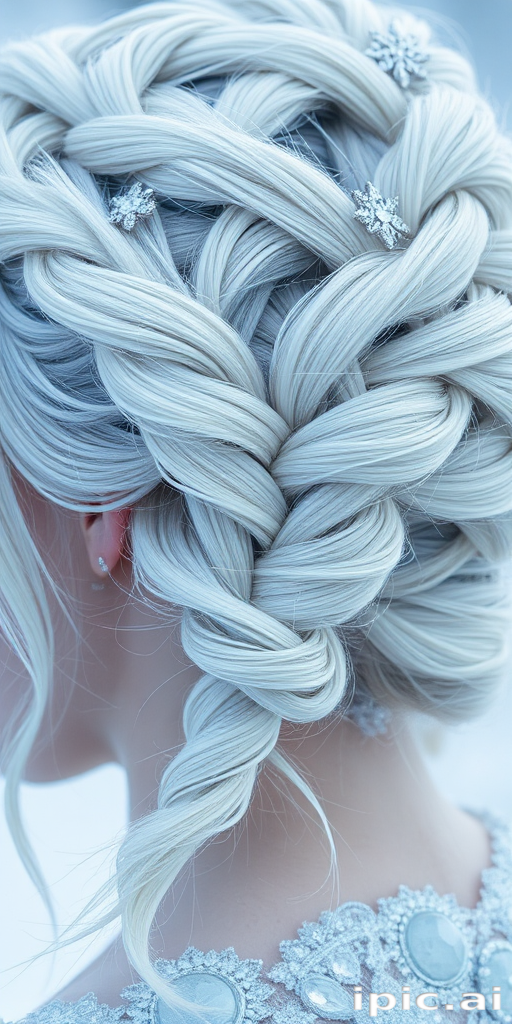 Mesmerizing close-up reveals Frost Queen platinum blonde hair, icy white strands with subtle blue undertones, styled in an intricate braided updo adorned with crystal accessories